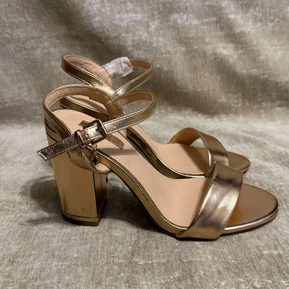 Office London Champagne Gold Block Heel Sandals